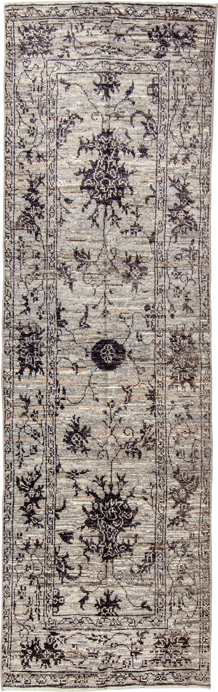 3' x 9' one-of-a-kind handmade vintage Tulu runner rug. Color palette: ivory, charcoal, taupe, gray, brown, black, beige