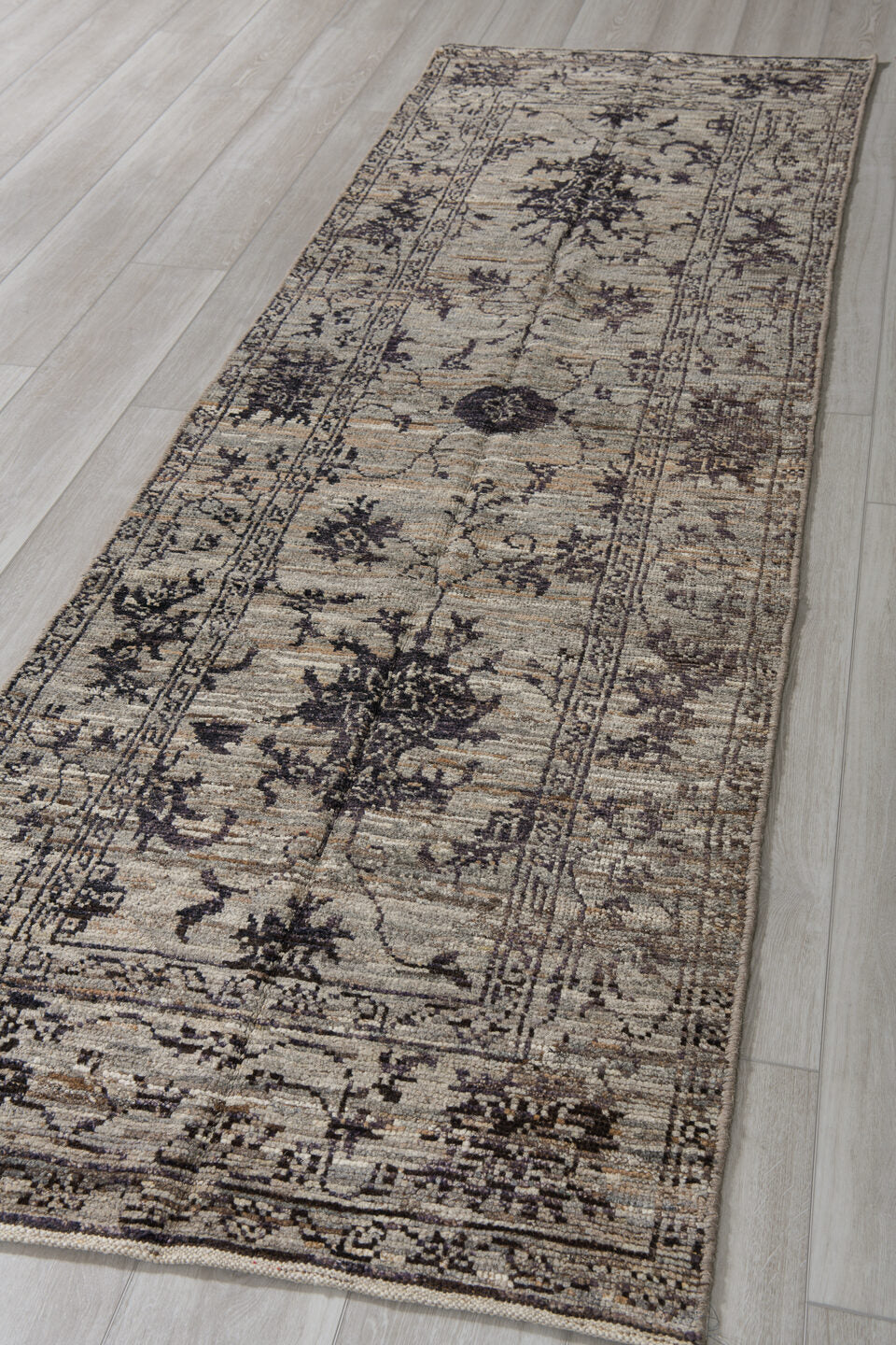 3' x 9' one-of-a-kind handmade vintage Tulu runner rug. Color palette: ivory, charcoal, taupe, gray, brown, black, beige