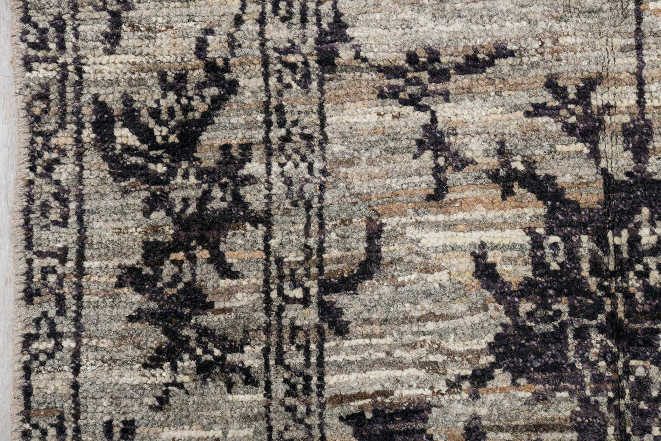 3' x 9' one-of-a-kind handmade vintage Tulu runner rug. Color palette: ivory, charcoal, taupe, gray, brown, black, beige