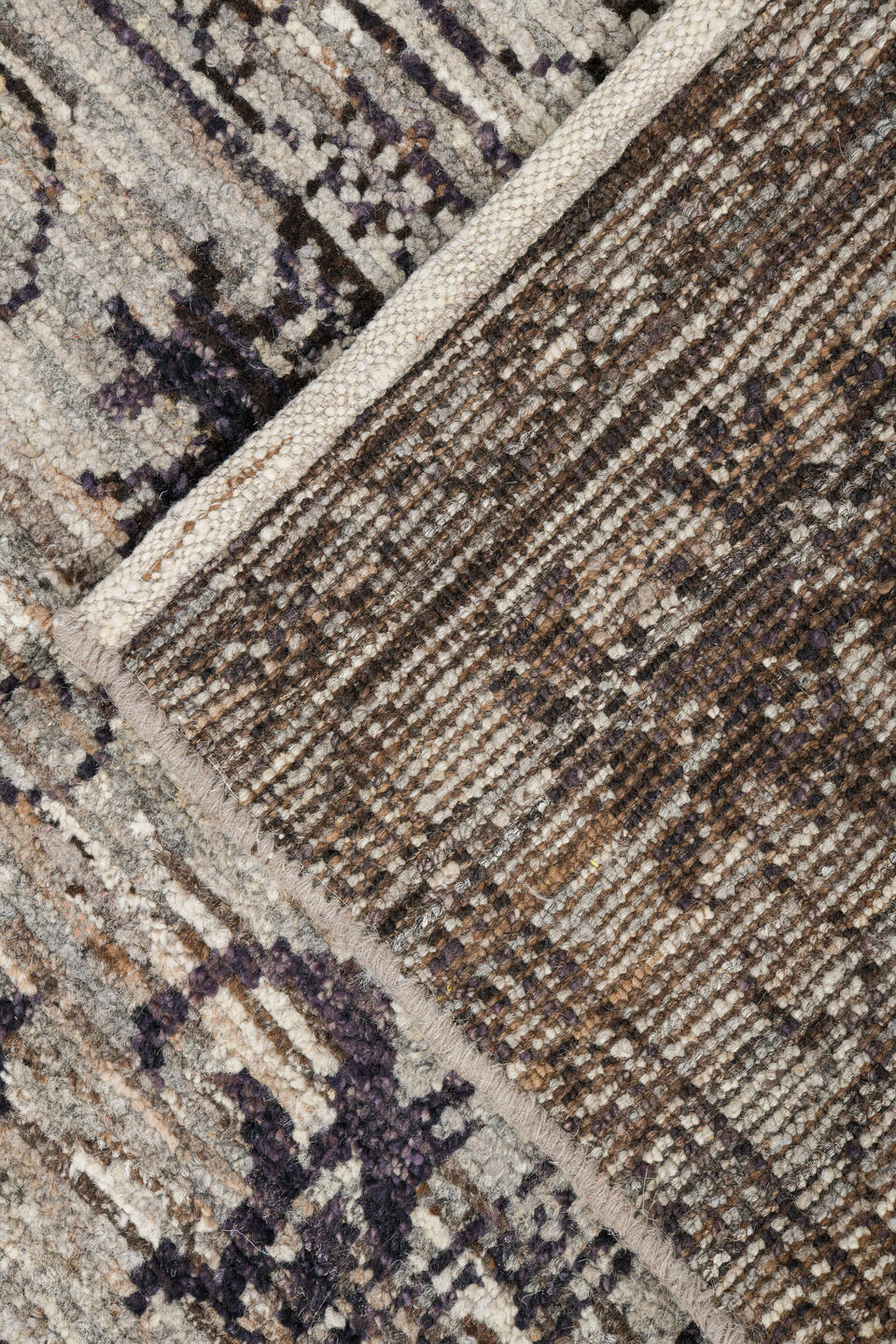 3' x 9' one-of-a-kind handmade vintage Tulu runner rug. Color palette: ivory, charcoal, taupe, gray, brown, black, beige
