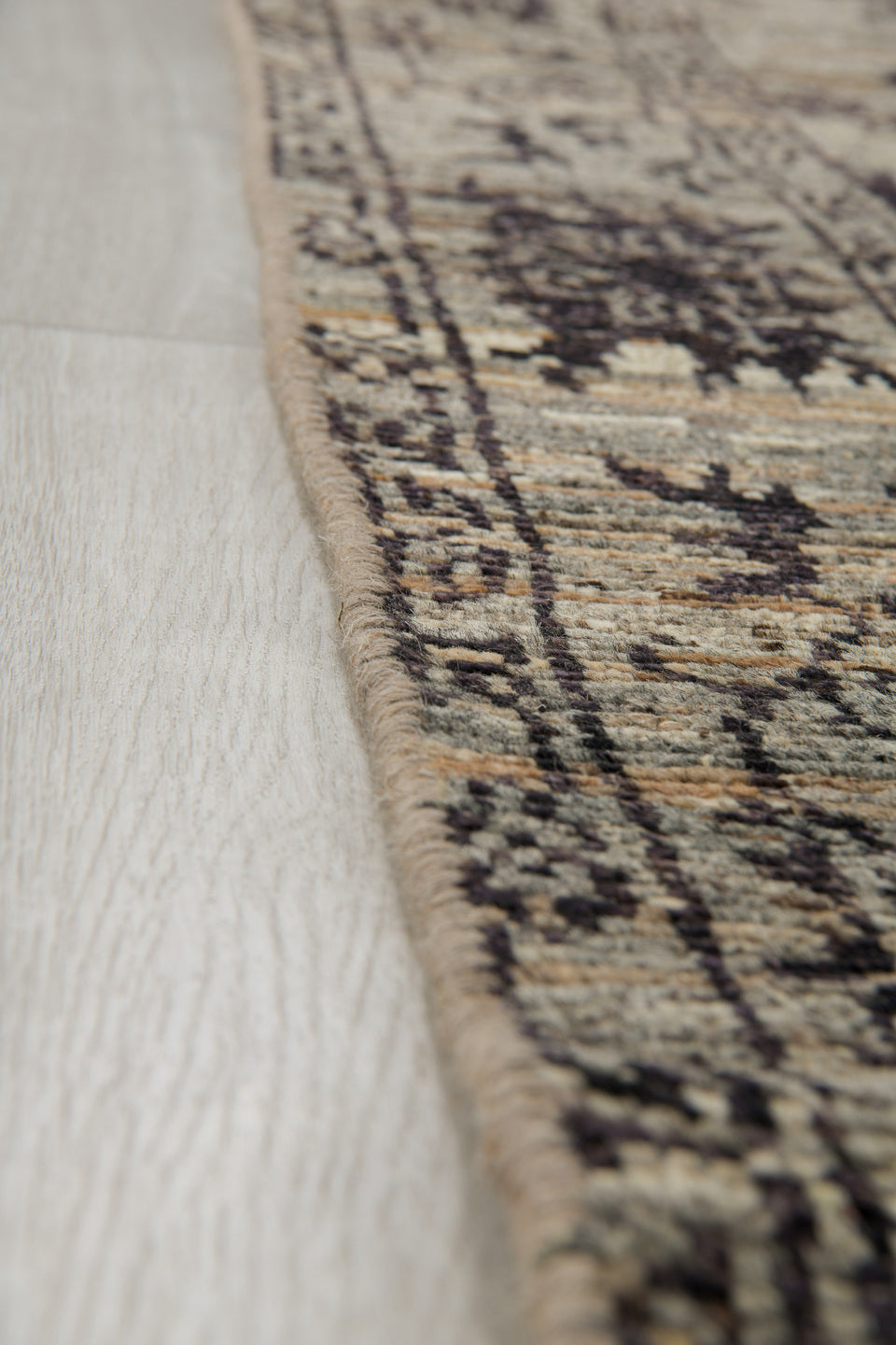 3' x 9' one-of-a-kind handmade vintage Tulu runner rug. Color palette: ivory, charcoal, taupe, gray, brown, black, beige