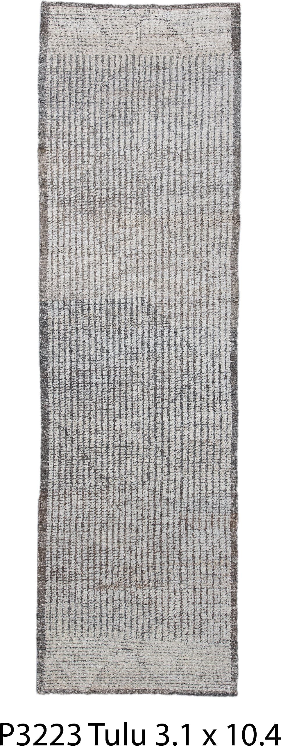 3' x 10' one-of-a-kind handmade vintage Tulu runner rug. Color palette: ivory, charcoal, taupe, gray, black, beige
