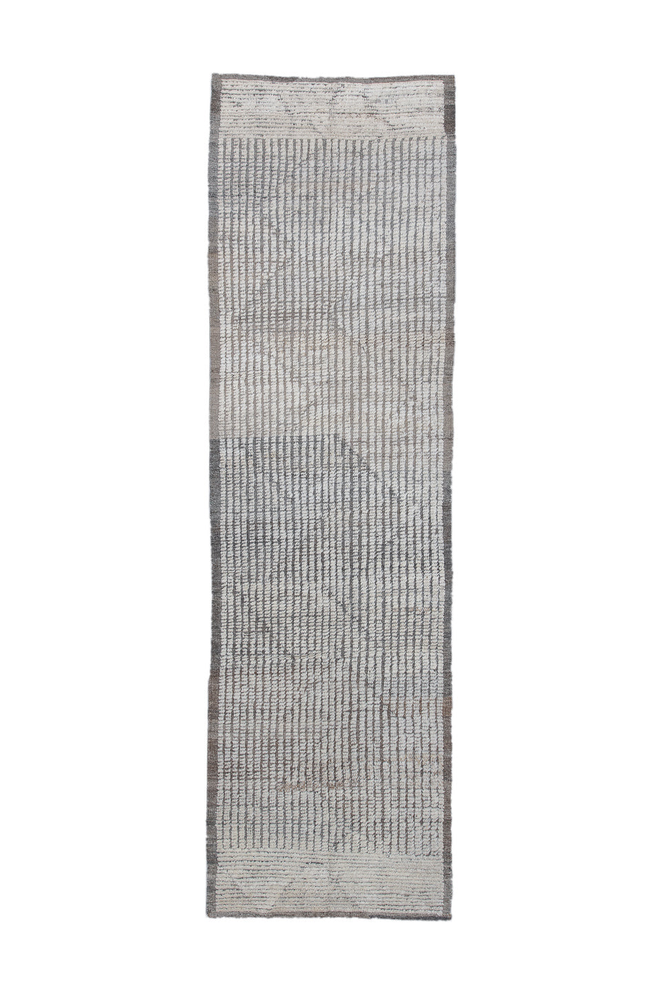 3' x 10' one-of-a-kind handmade vintage Tulu runner rug. Color palette: ivory, charcoal, taupe, gray, black, beige