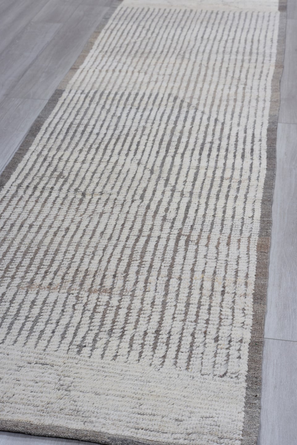 3' x 10' one-of-a-kind handmade vintage Tulu runner rug. Color palette: ivory, charcoal, taupe, gray, black, beige