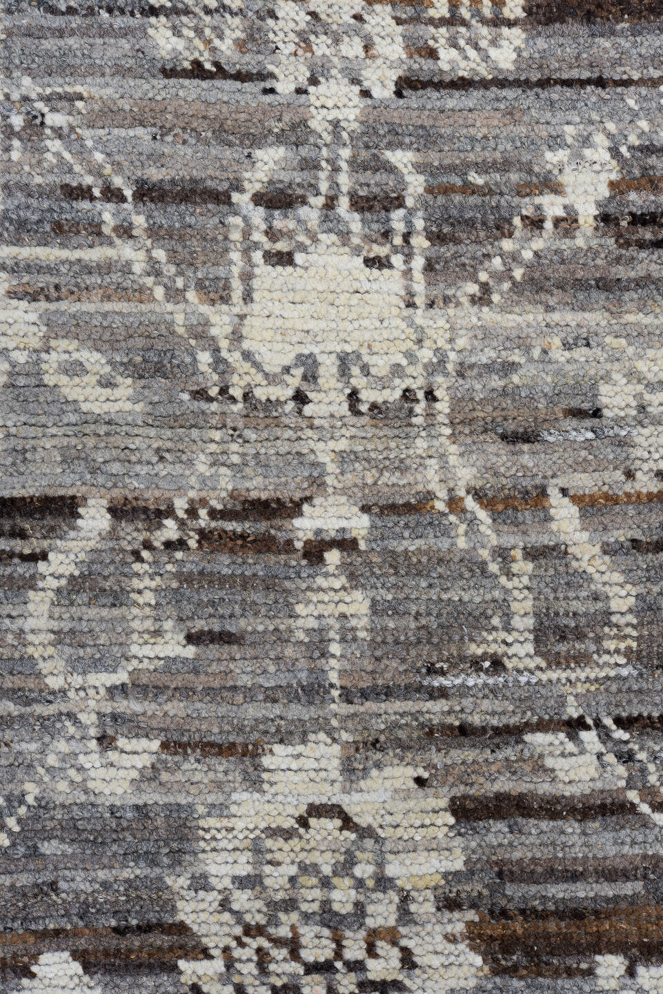 3' x 8' one-of-a-kind handmade vintage Tulu runner rug. Color palette: taupe, ivory, charcoal, brown, gray, cream, beige