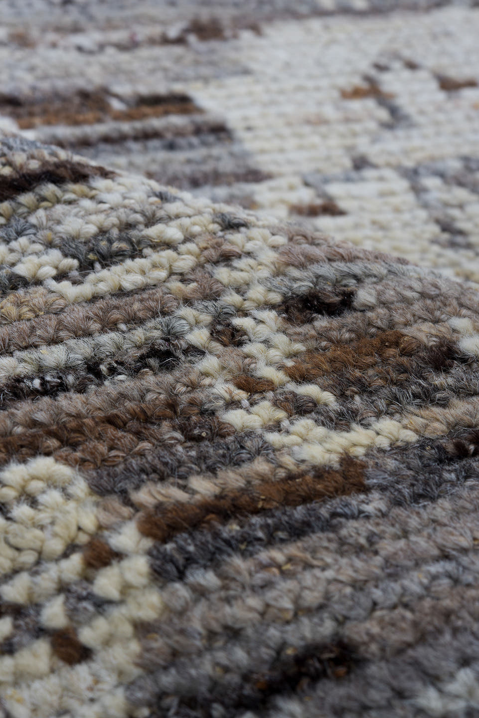 3' x 8' one-of-a-kind handmade vintage Tulu runner rug. Color palette: taupe, ivory, charcoal, brown, gray, cream, beige