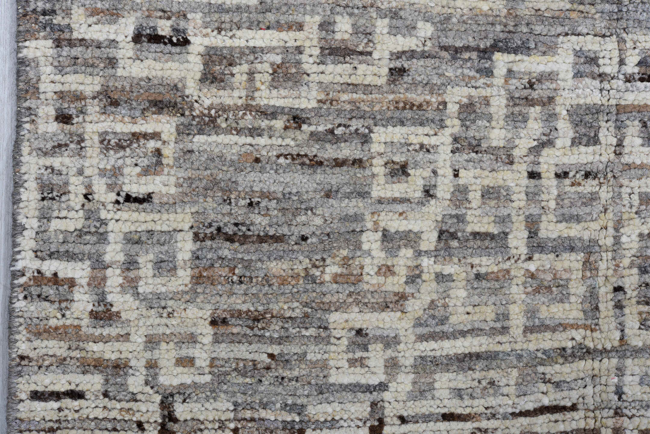 3' x 10' one-of-a-kind handmade vintage Tulu runner rug. Color palette: taupe, ivory, charcoal, brown, gray, beige, black