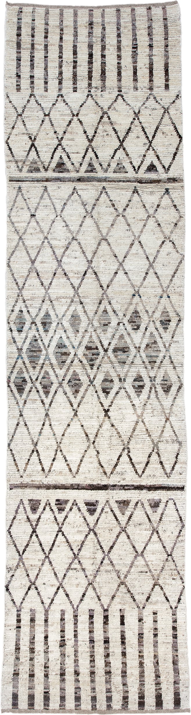 3' x 12' one-of-a-kind handmade vintage Tulu runner rug. Color palette: ivory, charcoal, taupe, brown, gray, black, beige