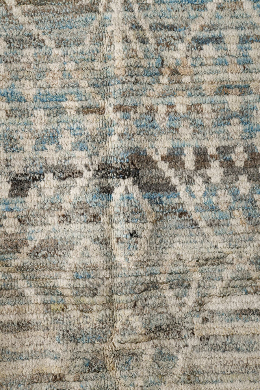 2' x 12' one-of-a-kind handmade vintage Tulu runner rug. Color palette: ivory, pale blue, gray, taupe, light blue, beige