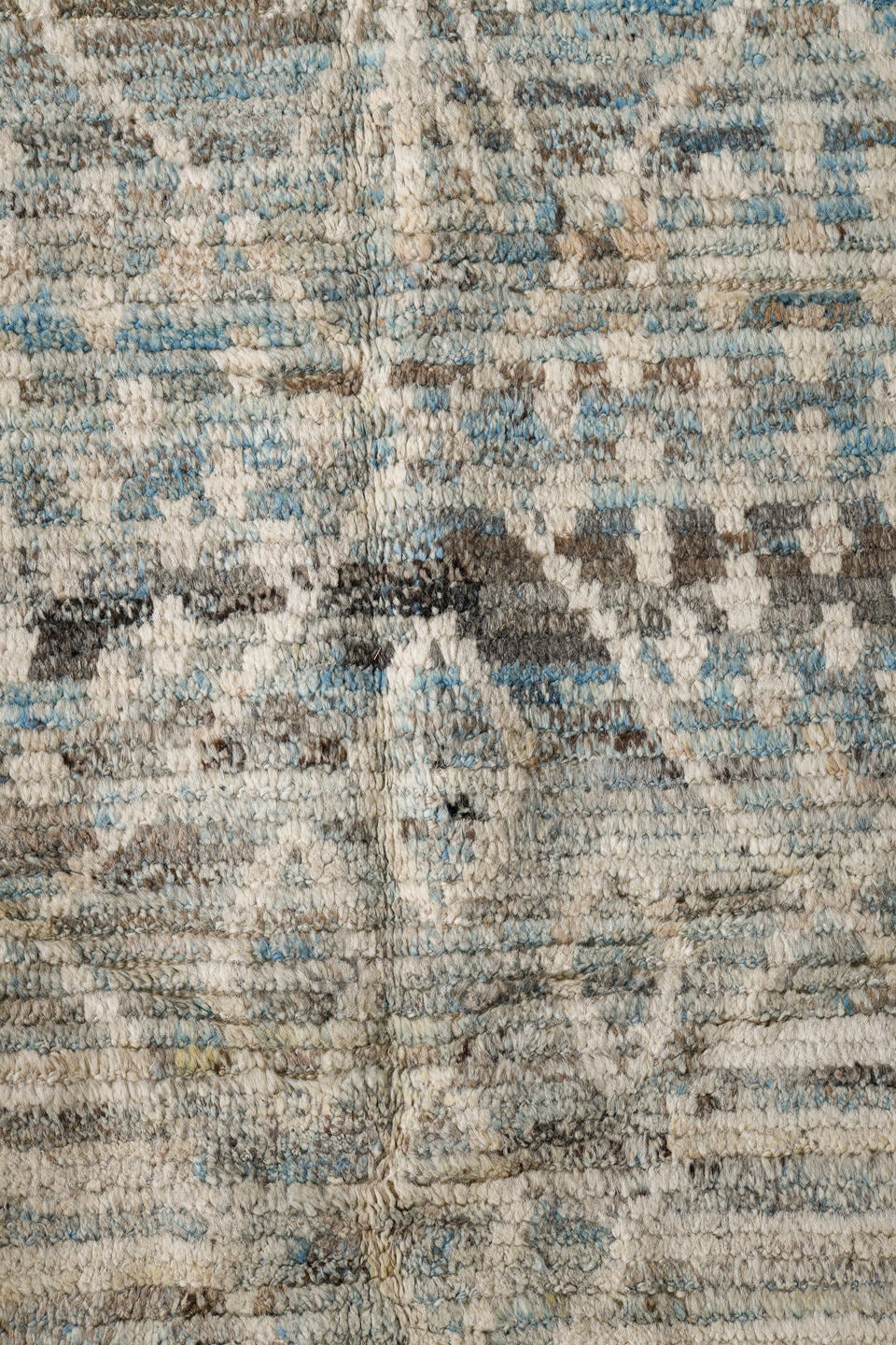 2' x 12' one-of-a-kind handmade vintage Tulu runner rug. Color palette: ivory, pale blue, gray, taupe, light blue, beige