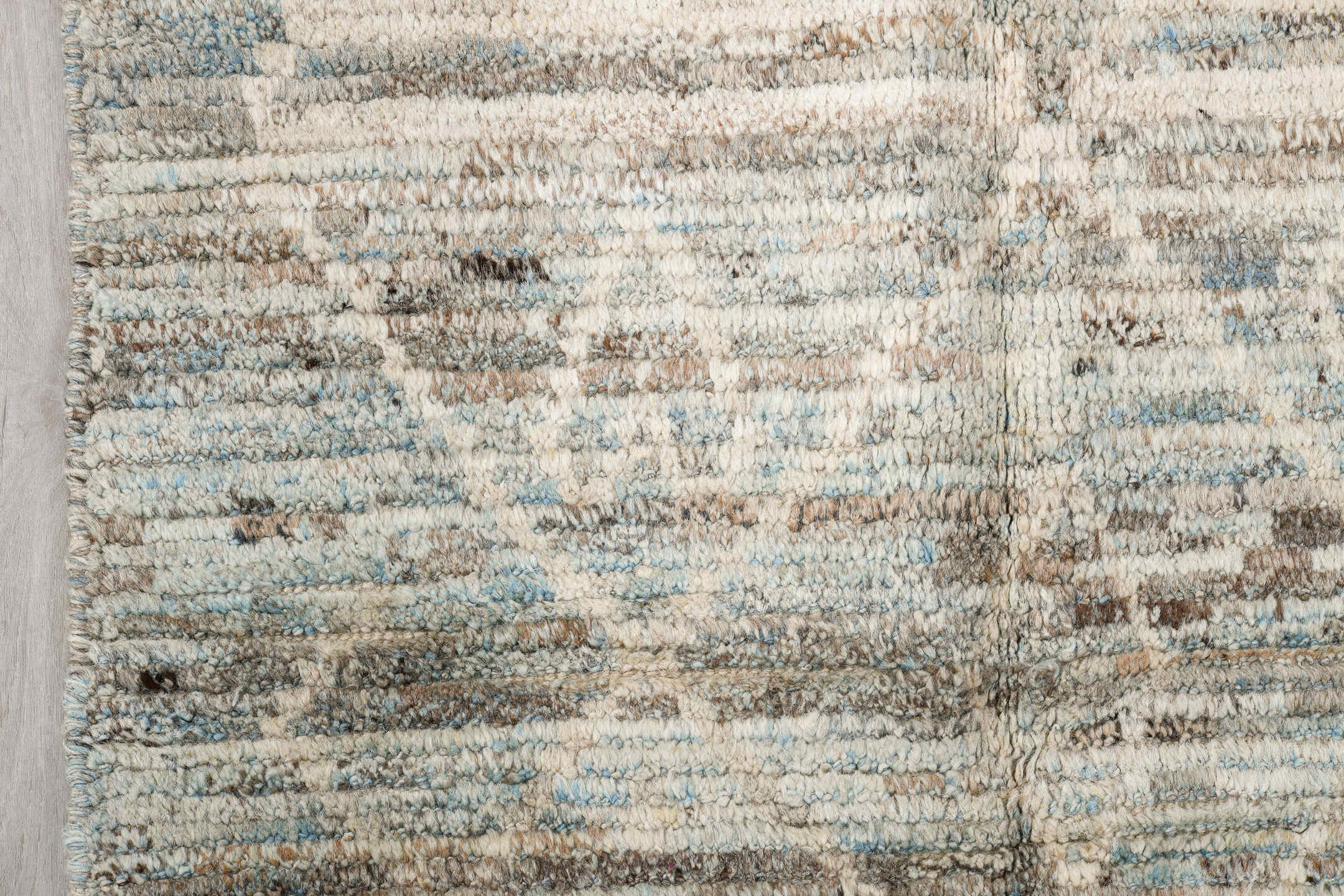 2' x 12' one-of-a-kind handmade vintage Tulu runner rug. Color palette: ivory, pale blue, gray, taupe, light blue, beige
