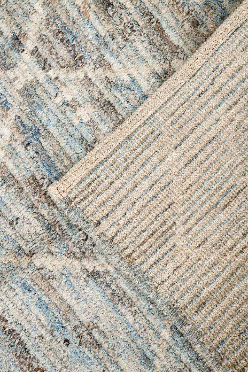 2' x 12' one-of-a-kind handmade vintage Tulu runner rug. Color palette: ivory, pale blue, gray, taupe, light blue, beige