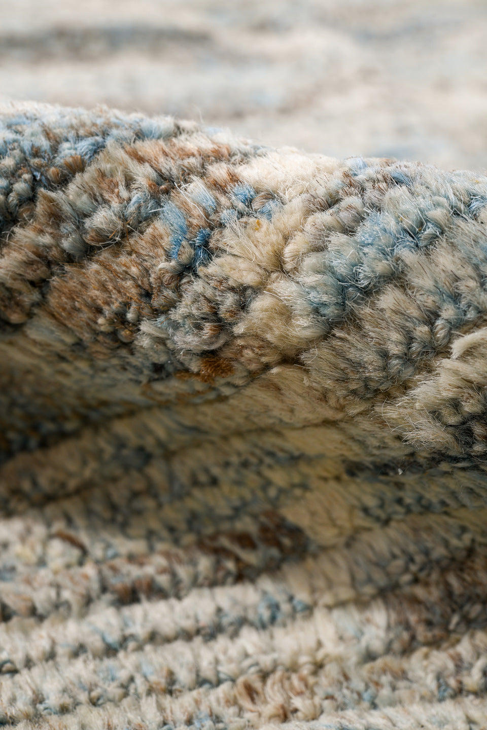 2' x 12' one-of-a-kind handmade vintage Tulu runner rug. Color palette: ivory, pale blue, gray, taupe, light blue, beige