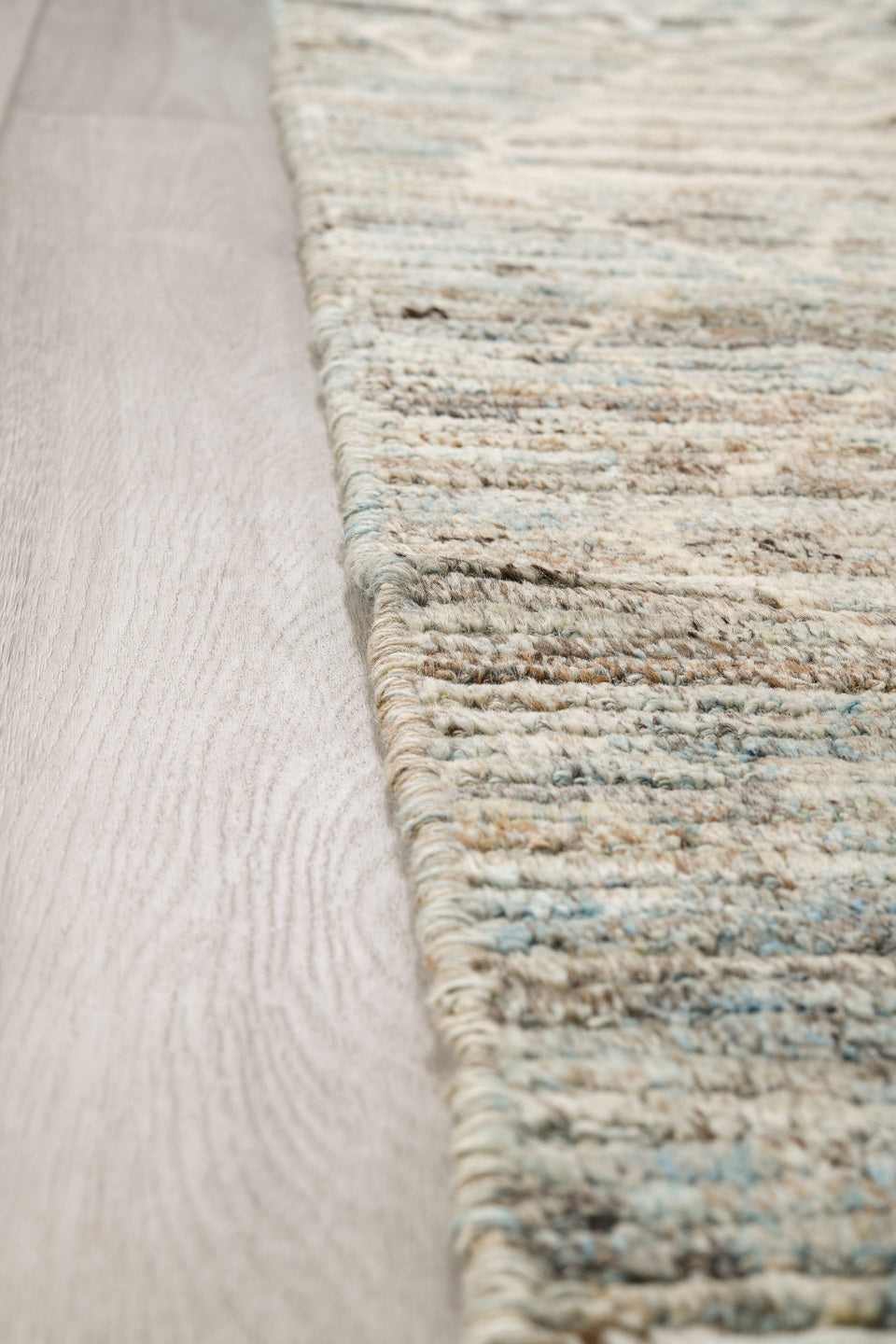 2' x 12' one-of-a-kind handmade vintage Tulu runner rug. Color palette: ivory, pale blue, gray, taupe, light blue, beige