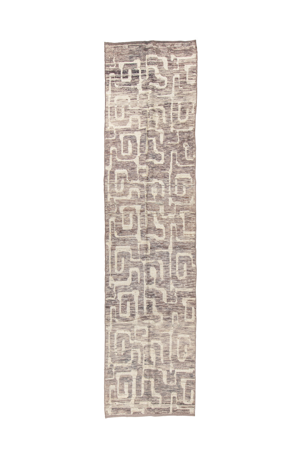 3' x 13' one-of-a-kind handmade vintage Tulu runner rug. Color palette: black, brown, dark gray, gainsboro, gray, light gray