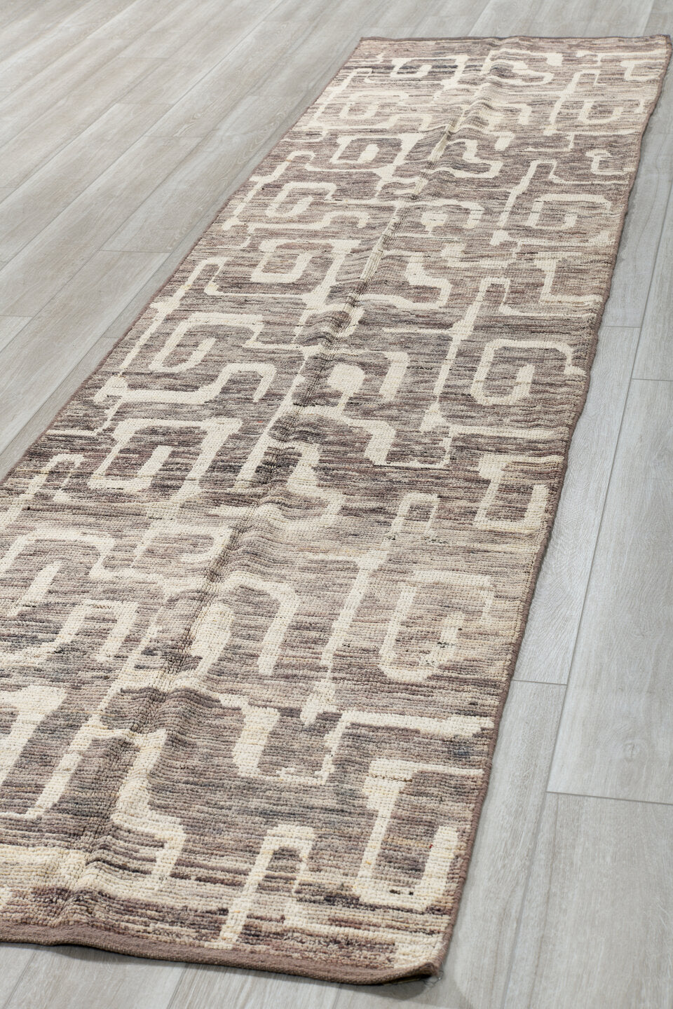 3' x 13' one-of-a-kind handmade vintage Tulu runner rug. Color palette: ivory, taupe, stone, gray, greige, beige
