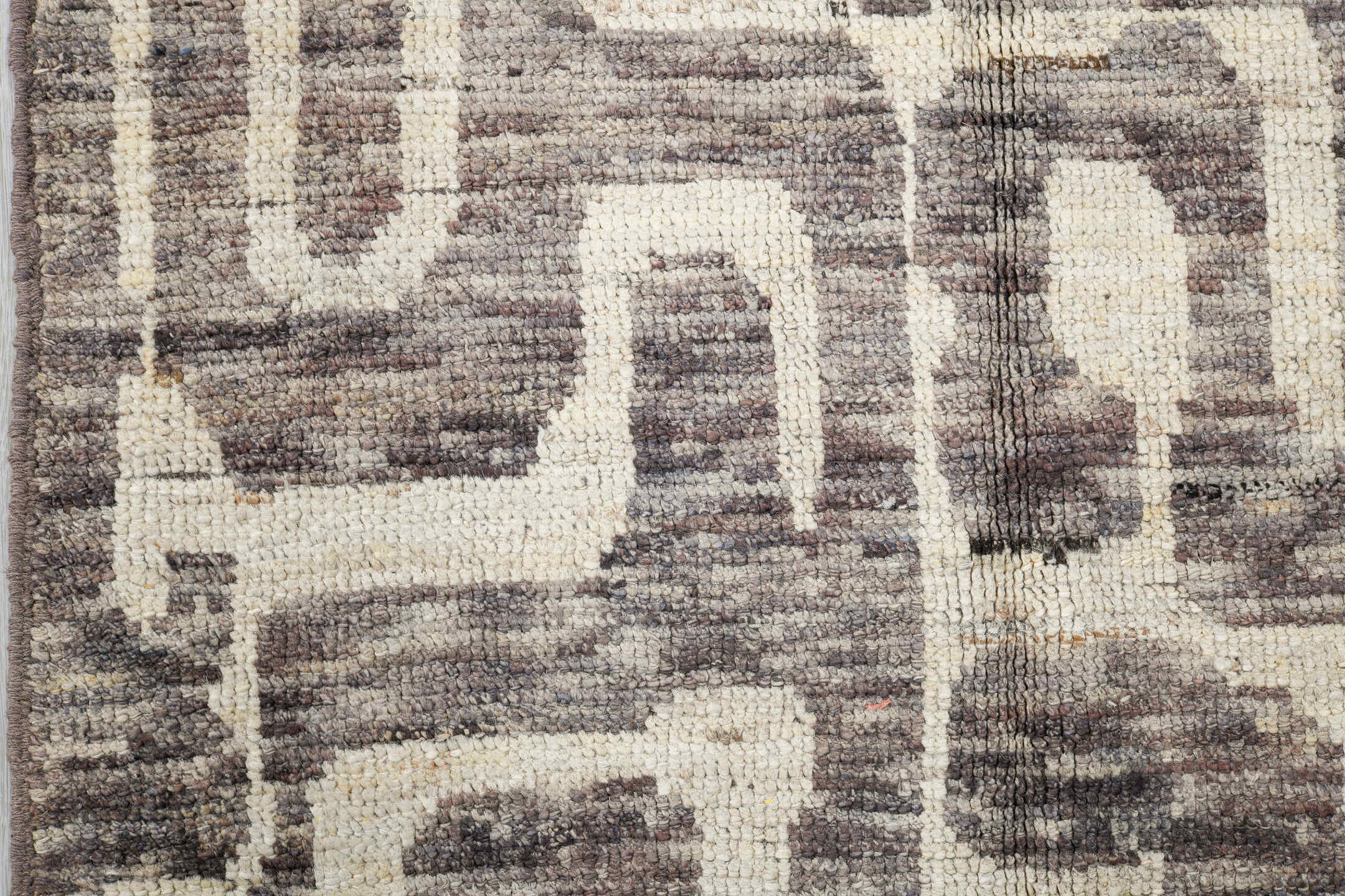3' x 13' one-of-a-kind handmade vintage Tulu runner rug. Color palette: ivory, taupe, stone, gray, greige, beige