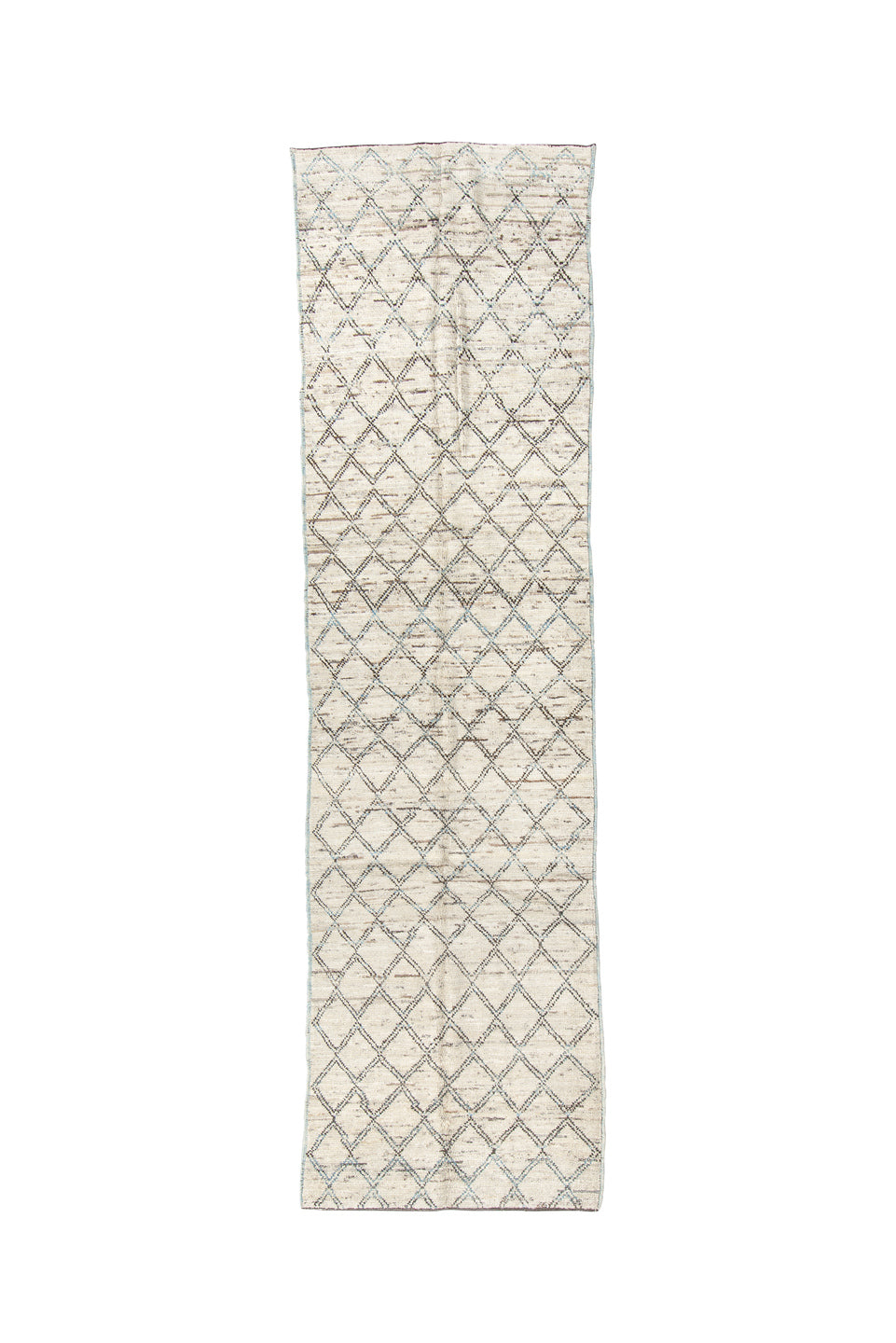 3' x 11' one-of-a-kind handmade vintage Tulu runner rug. Color palette: beige, black, dark gray, gray, light gray, linen