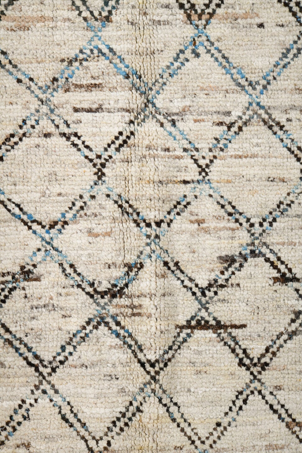 3' x 11' one-of-a-kind handmade vintage Tulu runner rug. Color palette: ivory, blue, taupe, gray, beige