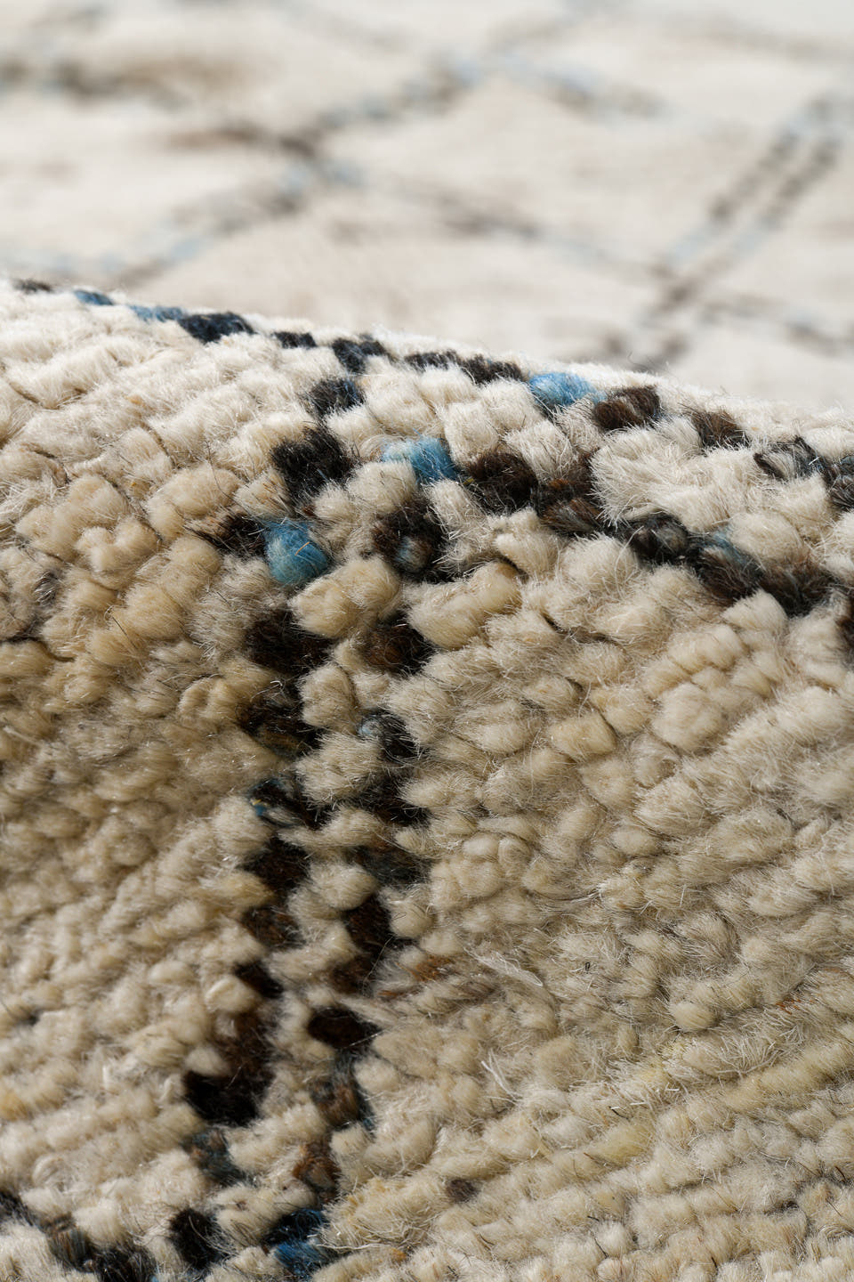 3' x 11' one-of-a-kind handmade vintage Tulu runner rug. Color palette: ivory, blue, taupe, gray, beige