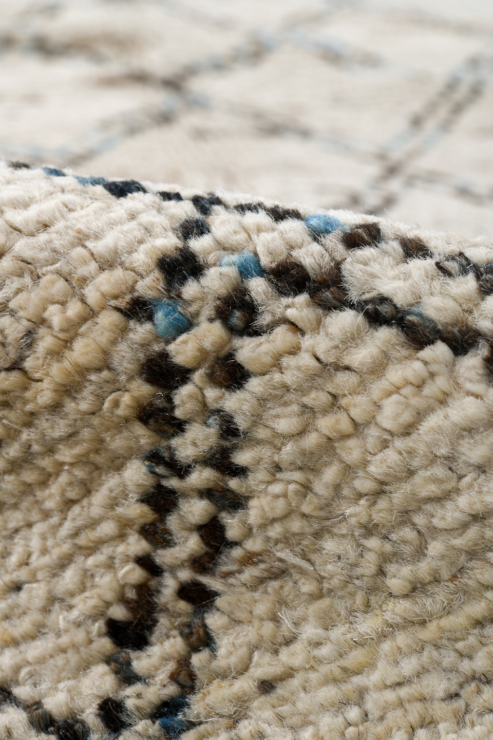 3' x 11' one-of-a-kind handmade vintage Tulu runner rug. Color palette: ivory, blue, taupe, gray, beige