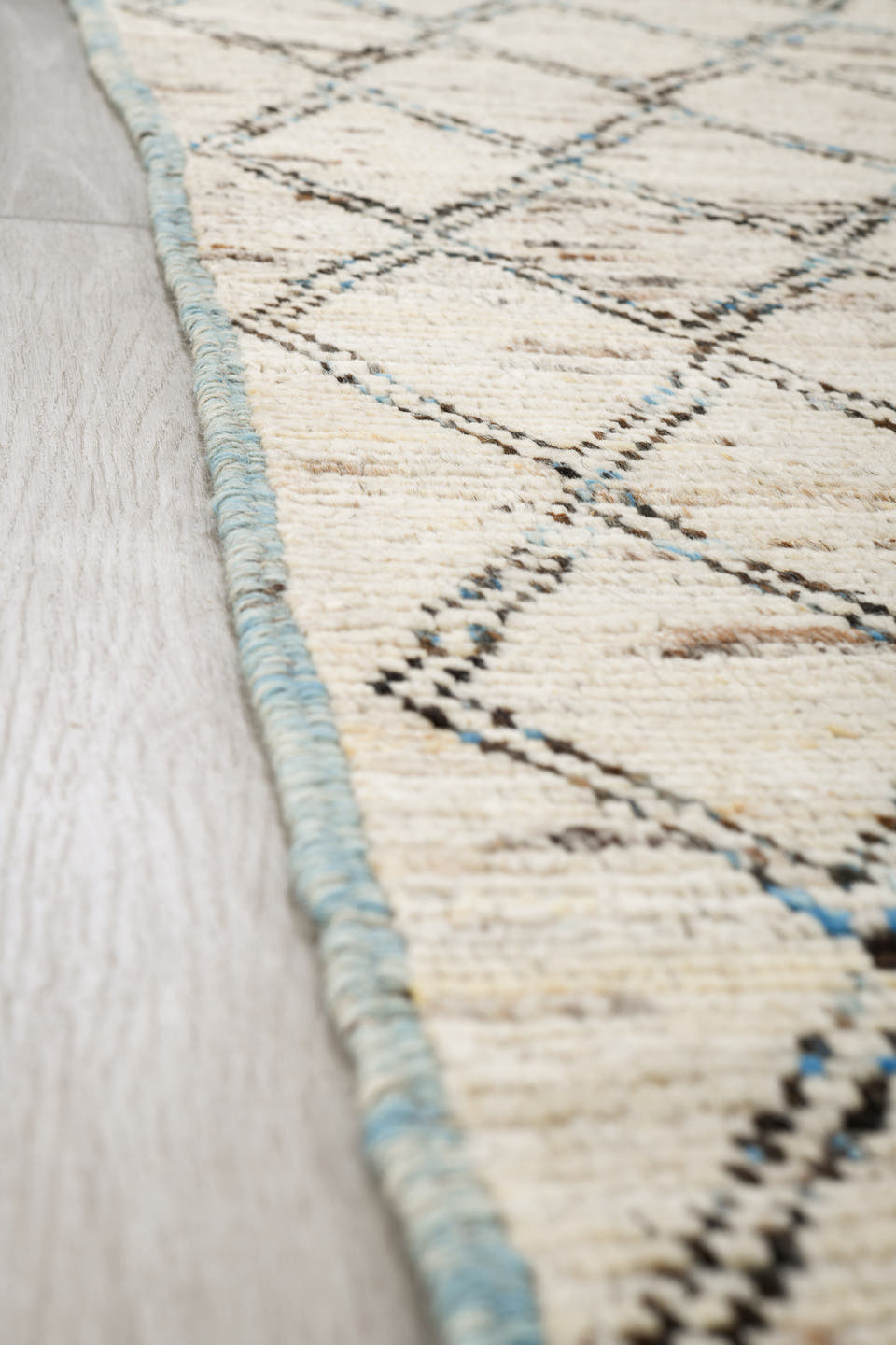 3' x 11' one-of-a-kind handmade vintage Tulu runner rug. Color palette: ivory, blue, taupe, gray, beige