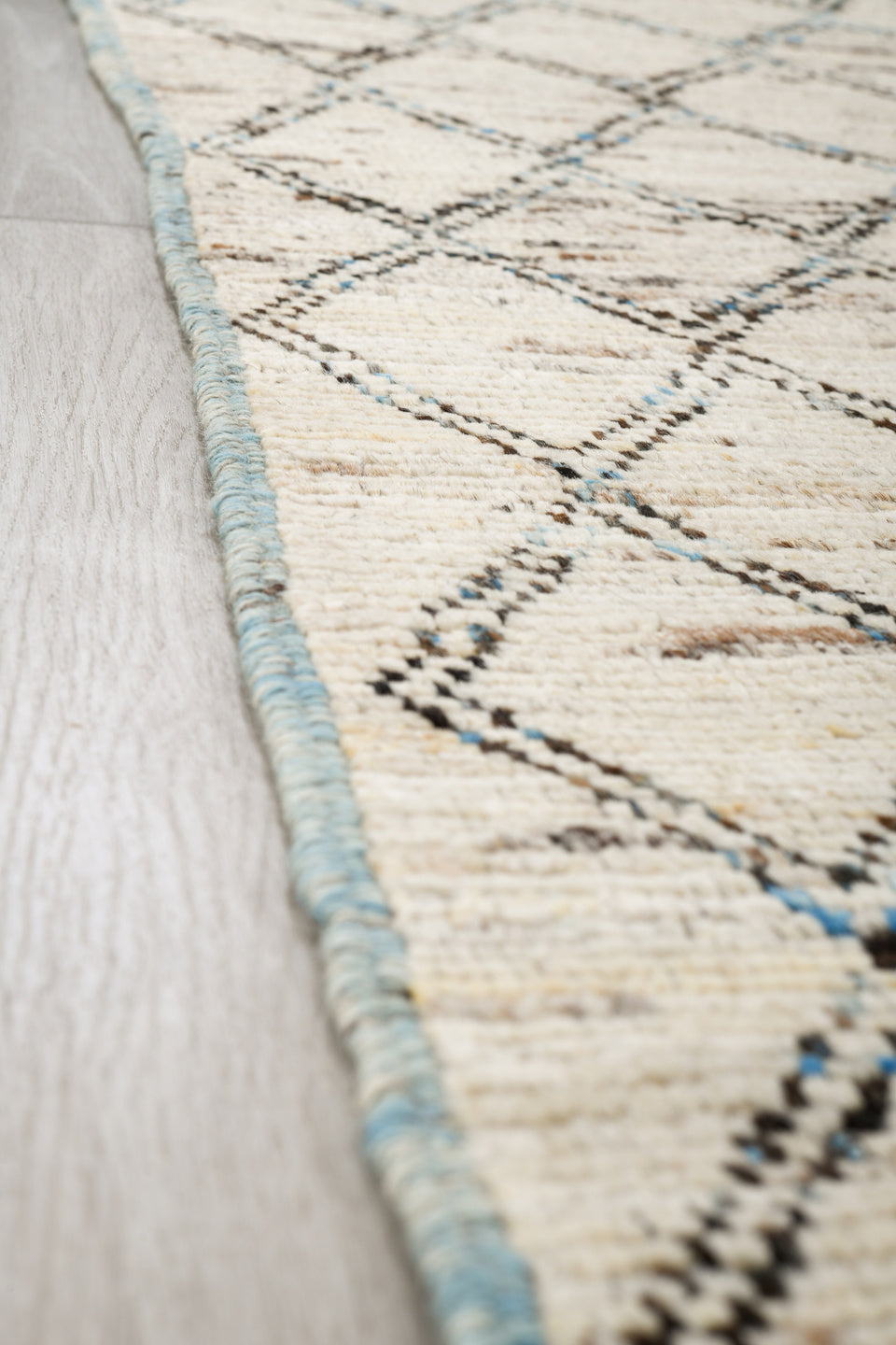 3' x 11' one-of-a-kind handmade vintage Tulu runner rug. Color palette: ivory, blue, taupe, gray, beige