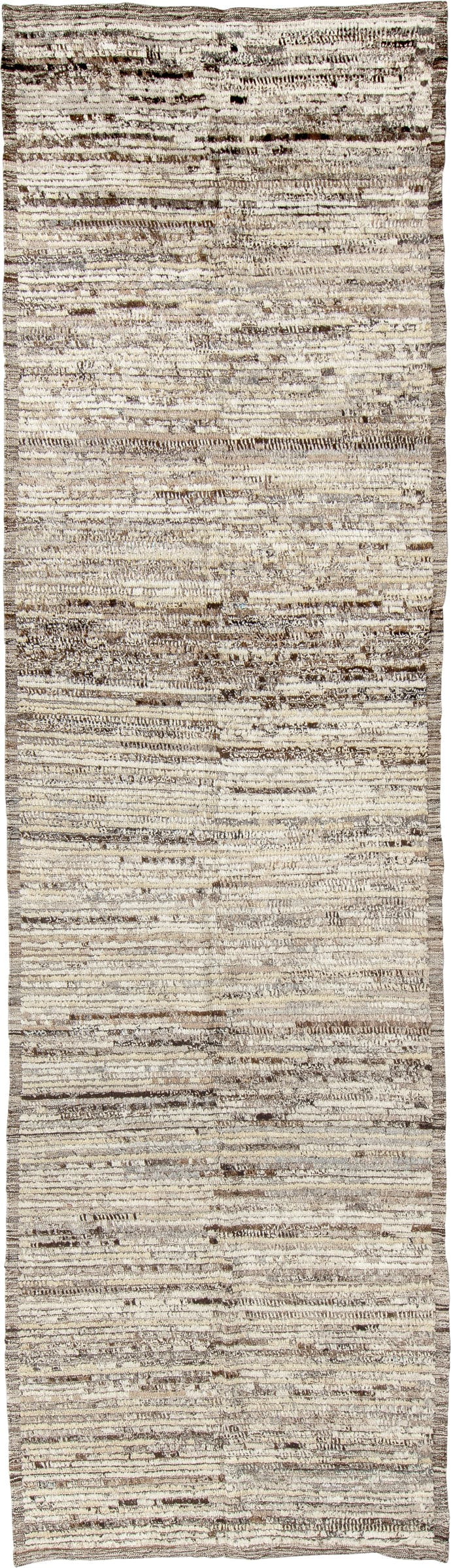 3' x 11' one-of-a-kind handmade vintage Tulu runner rug. Color palette: ivory, taupe, brown, charcoal, cream, beige, gray