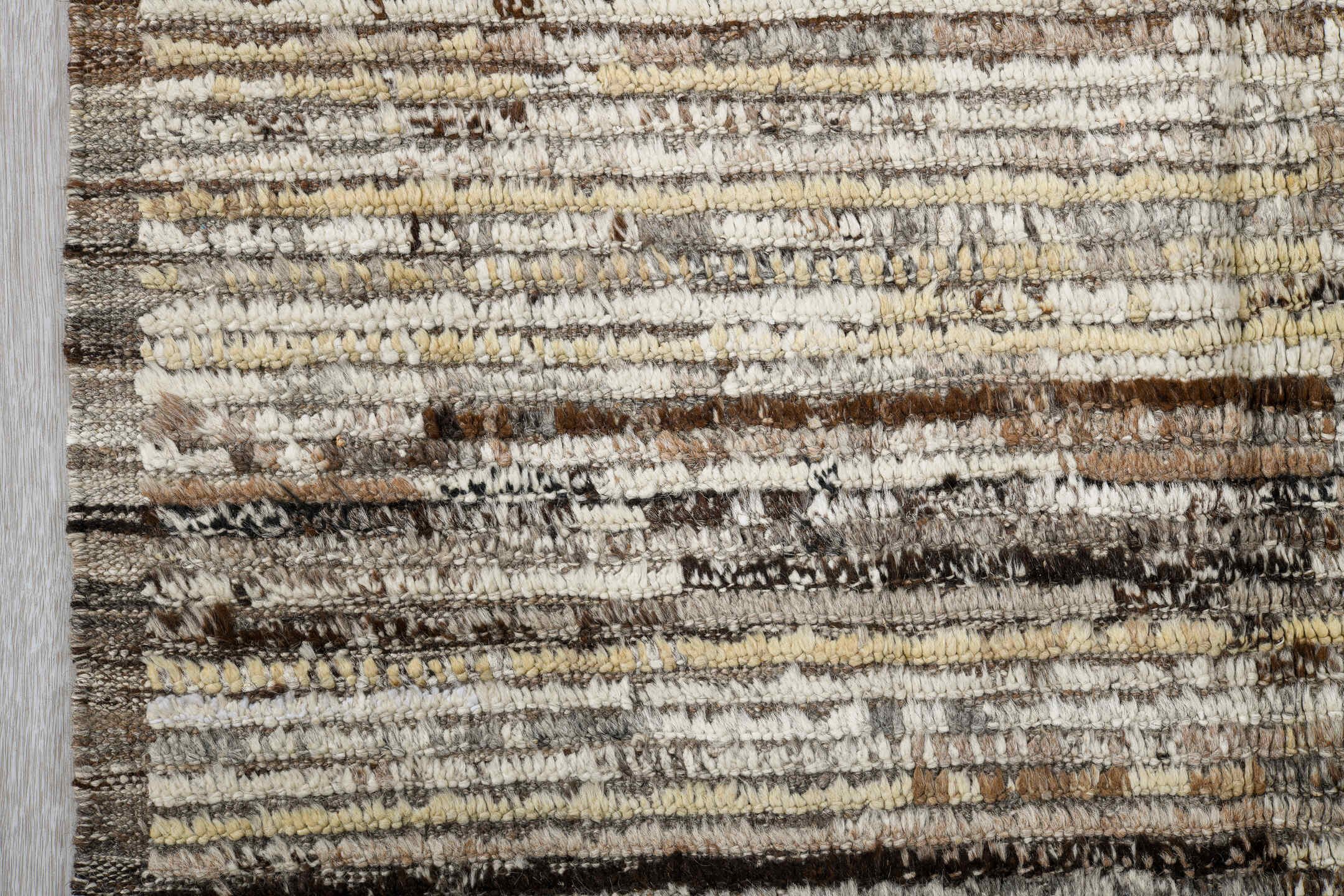 3' x 11' one-of-a-kind handmade vintage Tulu runner rug. Color palette: ivory, taupe, brown, charcoal, cream, beige, gray
