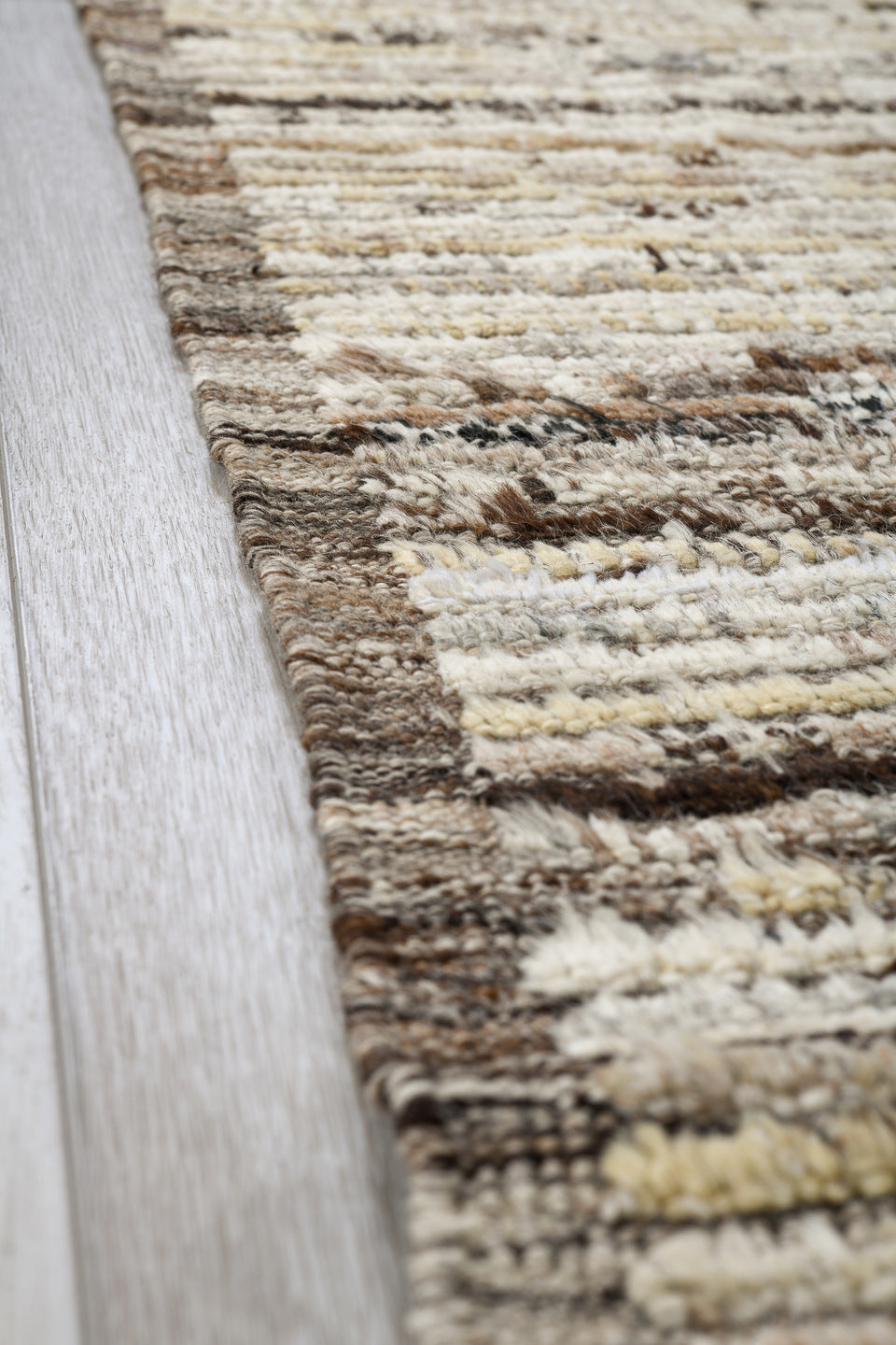 3' x 11' one-of-a-kind handmade vintage Tulu runner rug. Color palette: ivory, taupe, brown, charcoal, cream, beige, gray