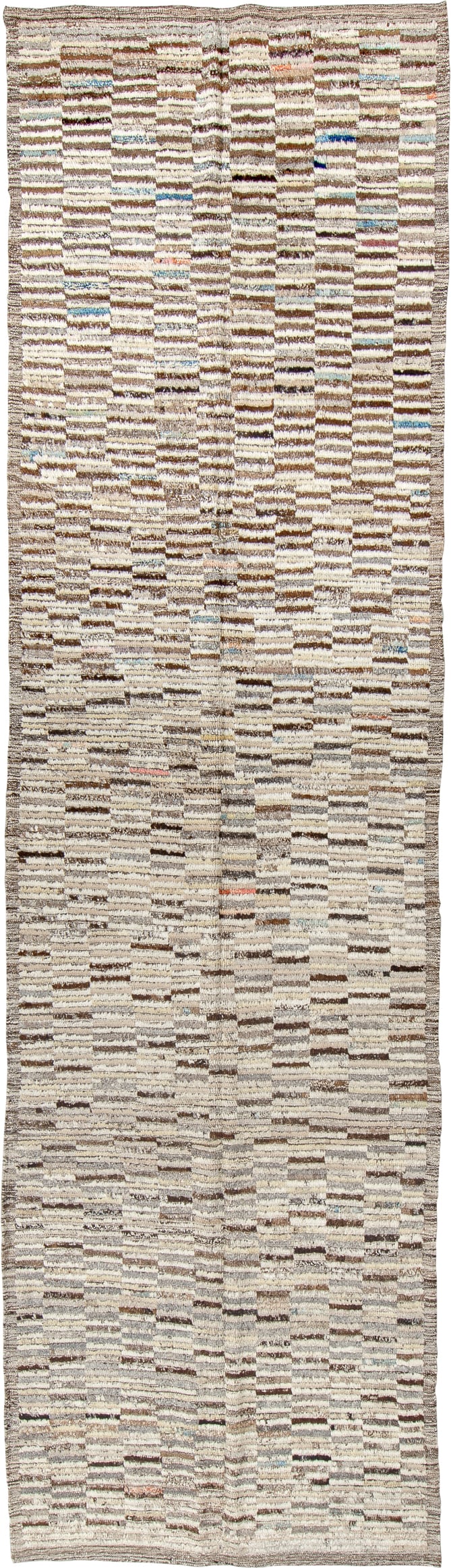 3' x 12' one-of-a-kind handmade vintage Tulu runner rug. Color palette: ivory, taupe, brown, gray, charcoal, camel