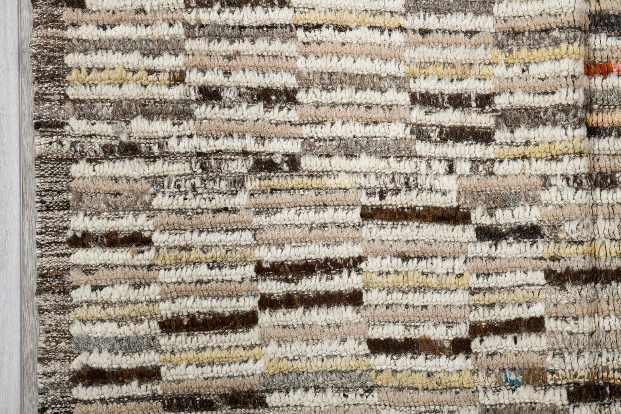 3' x 12' one-of-a-kind handmade vintage Tulu runner rug. Color palette: ivory, taupe, brown, gray, charcoal, camel