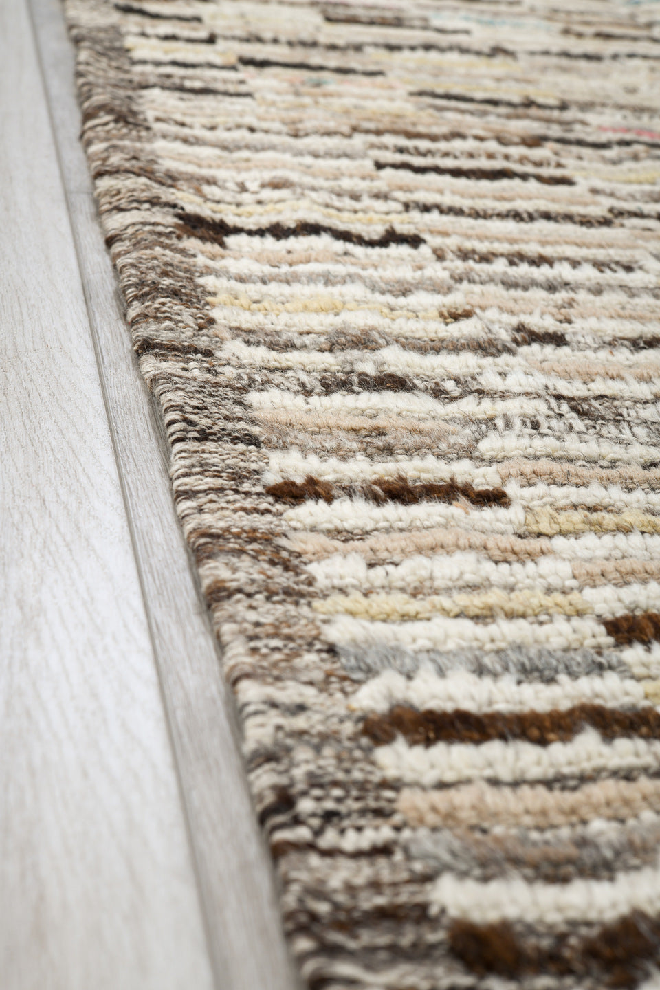 3' x 12' one-of-a-kind handmade vintage Tulu runner rug. Color palette: brown, dark gray, gainsboro, gray, light gray, linen