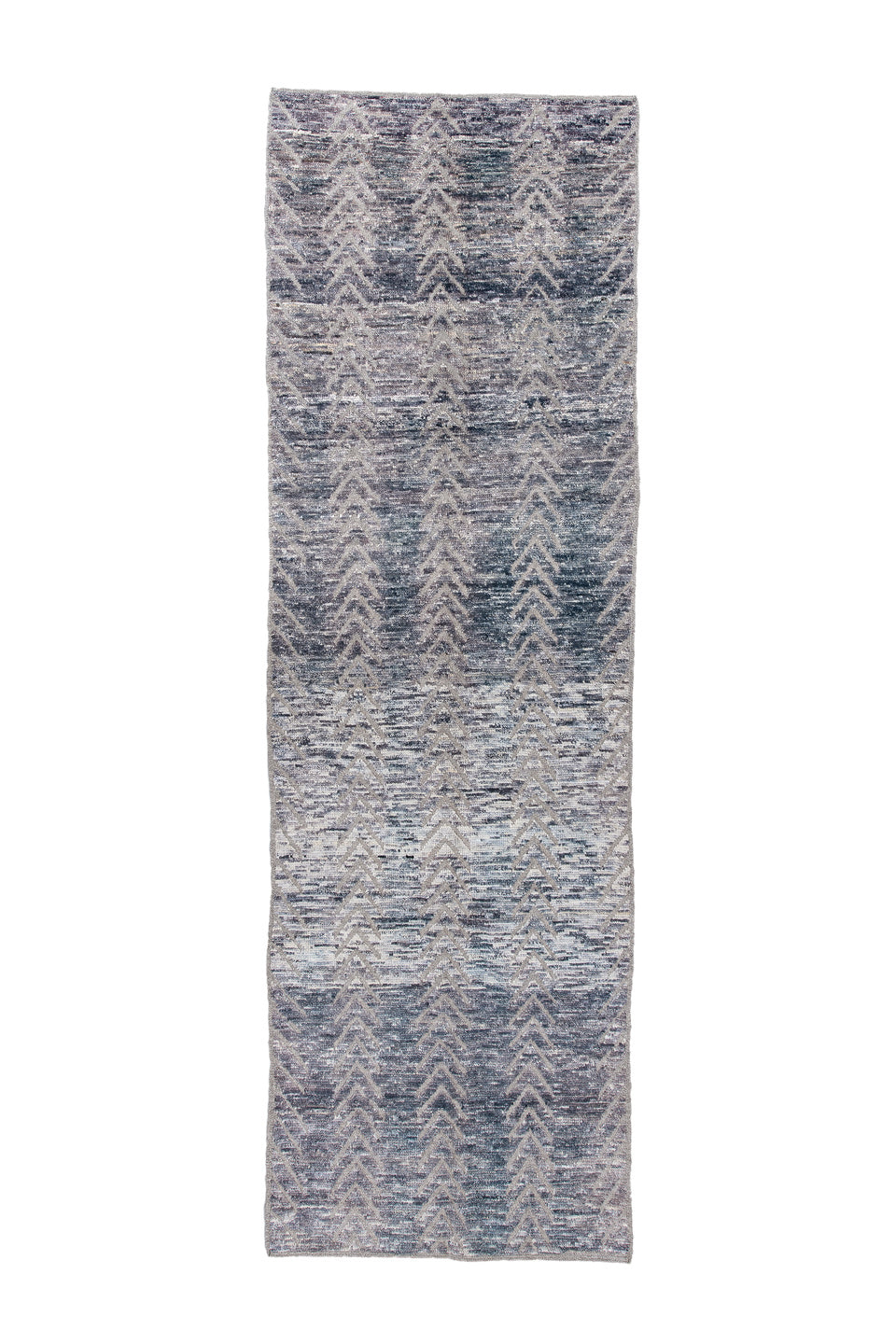 3' x 9' one-of-a-kind handmade vintage Tulu runner rug. Color palette: blue, dark gray, gainsboro, gray, light blue