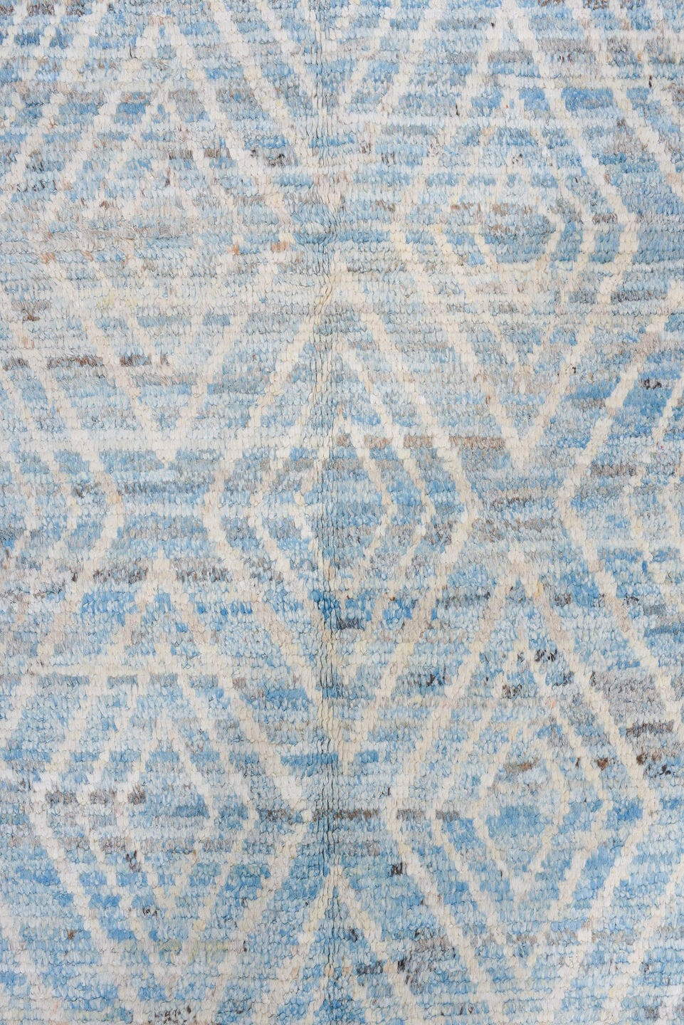 3' x 12' one-of-a-kind handmade vintage Tulu runner rug. Color palette: sky blue, ivory, light gray, taupe, light blue