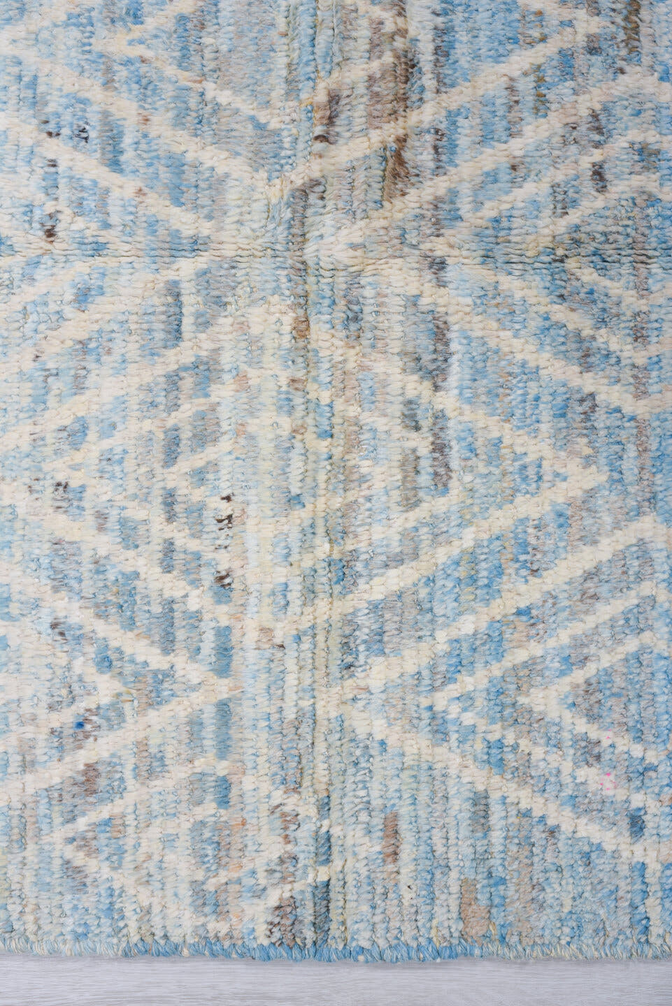 3' x 12' one-of-a-kind handmade vintage Tulu runner rug. Color palette: sky blue, ivory, light gray, taupe, light blue