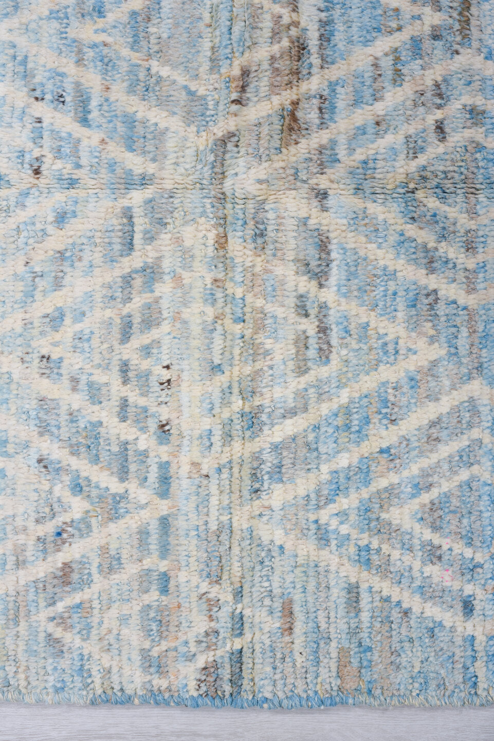 3' x 12' one-of-a-kind handmade vintage Tulu runner rug. Color palette: sky blue, ivory, light gray, taupe, light blue