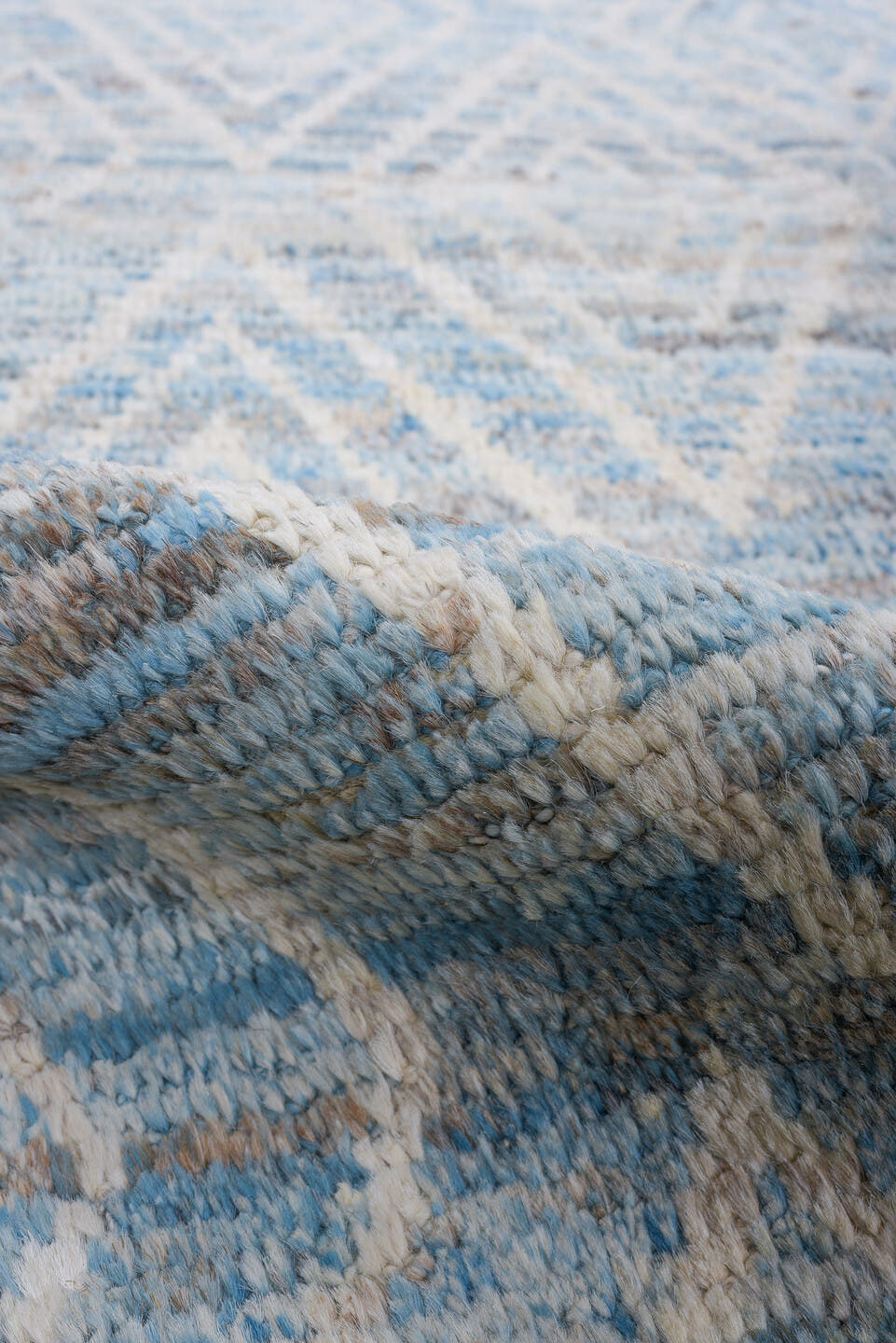3' x 12' one-of-a-kind handmade vintage Tulu runner rug. Color palette: sky blue, ivory, light gray, taupe, light blue