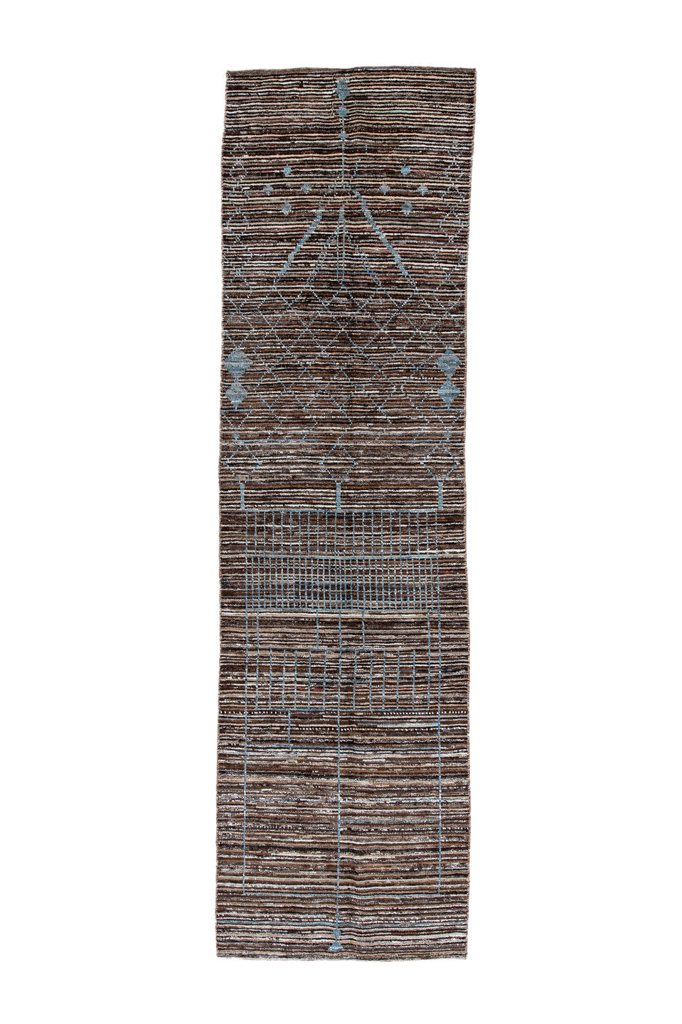 2' x 10' one-of-a-kind handmade vintage Tulu runner rug. Color palette: black, blue, dark gray, fiord, gainsboro, gray