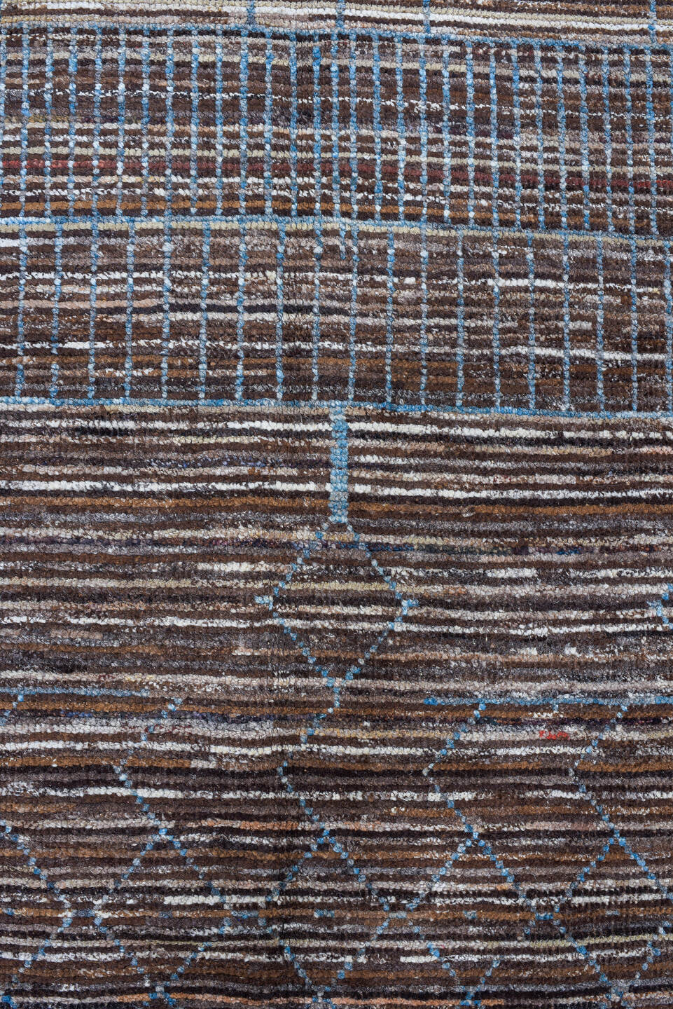 2' x 10' one-of-a-kind handmade vintage Tulu runner rug. Color palette: brown, sky blue, ivory, charcoal, light blue, gray