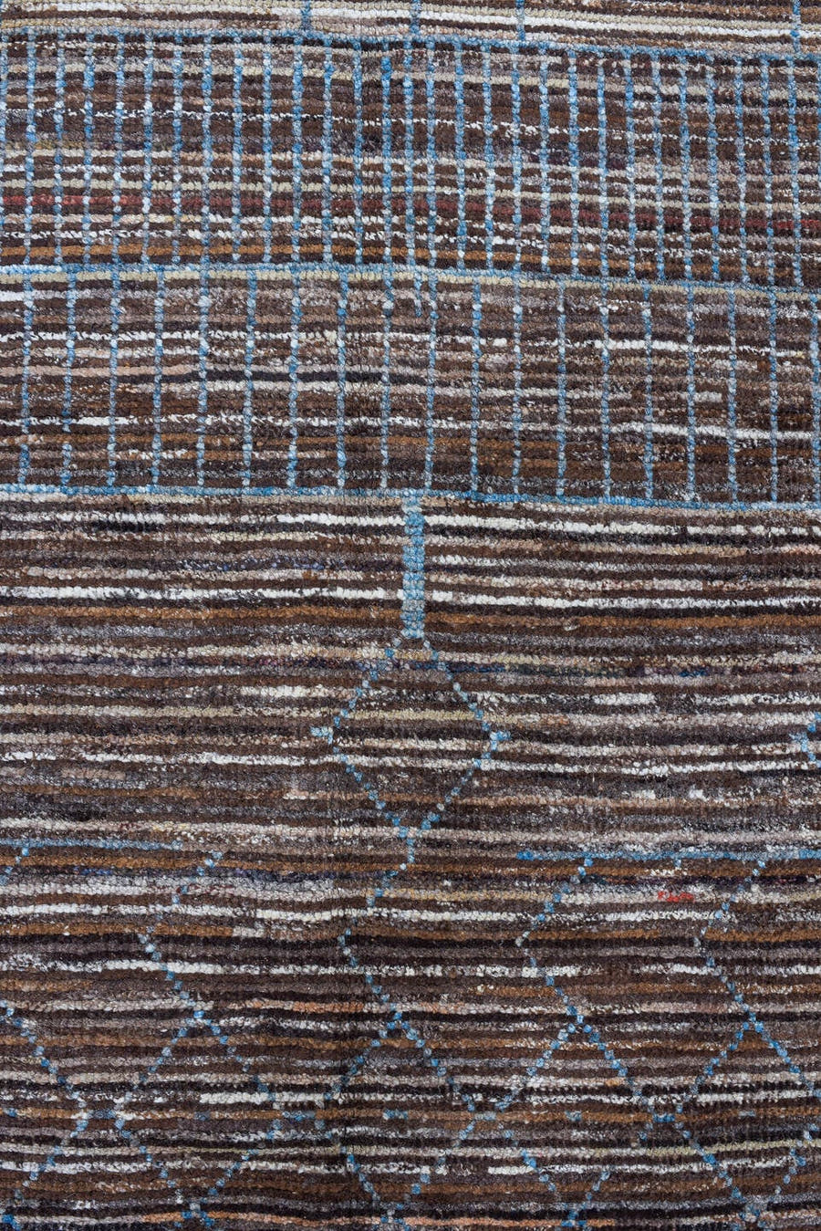 2' x 10' one-of-a-kind handmade vintage Tulu runner rug. Color palette: brown, sky blue, ivory, charcoal, light blue, gray