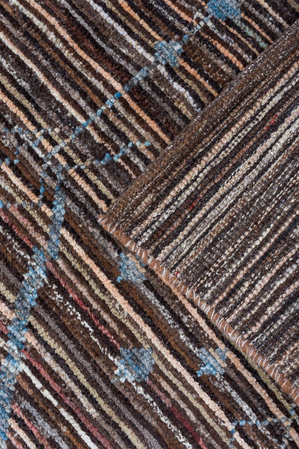 2' x 10' one-of-a-kind handmade vintage Tulu runner rug. Color palette: brown, sky blue, ivory, charcoal, light blue, gray