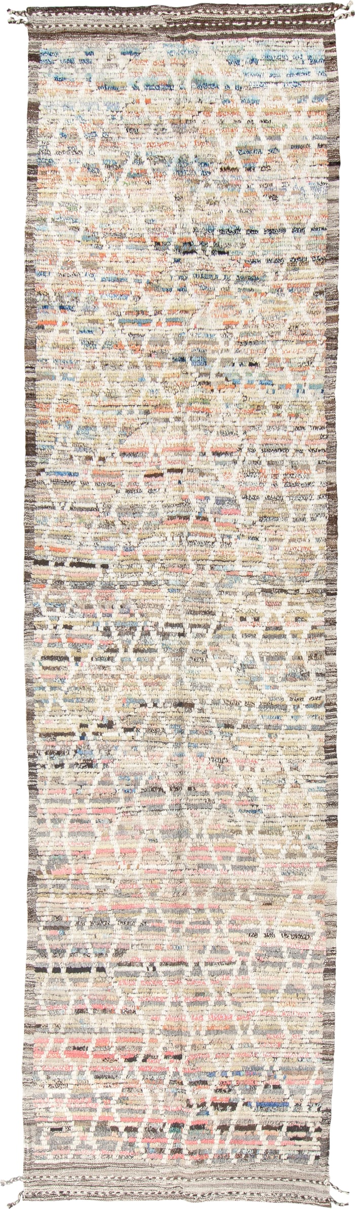 3' x 12' one-of-a-kind handmade vintage Tulu runner rug. Color palette: ivory, taupe, charcoal, blush, sky_blue, cream
