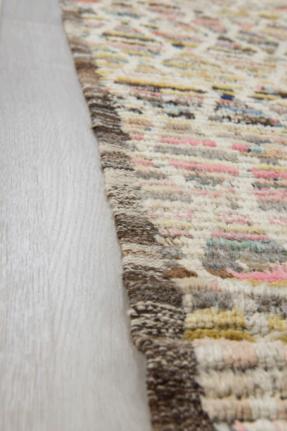 3' x 12' one-of-a-kind handmade vintage Tulu runner rug. Color palette: ivory, taupe, charcoal, blush, sky_blue, cream