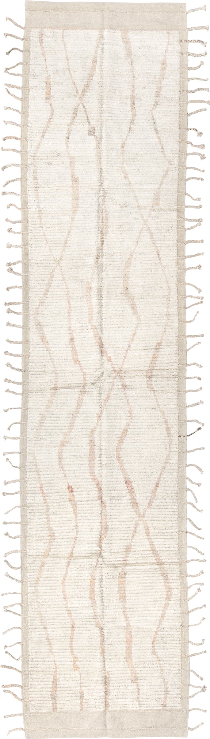 3' x 13' one-of-a-kind handmade vintage Tulu runner rug. Color palette: ivory, cream, beige, blush, taupe, pink, gray