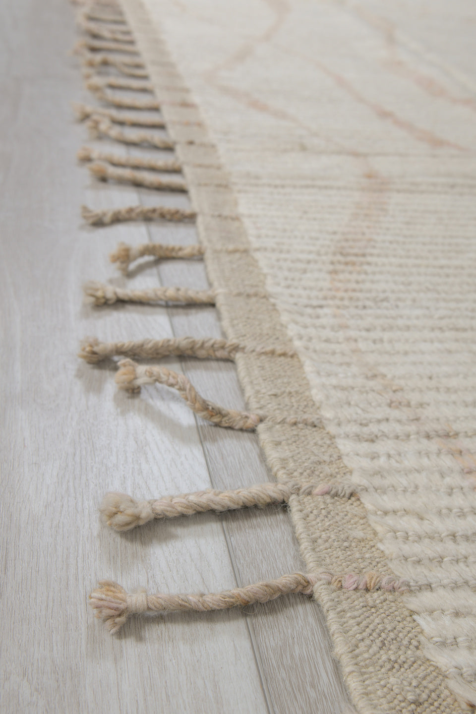 3' x 13' one-of-a-kind handmade vintage Tulu runner rug. Color palette: brown, gainsboro, gray, light gray, linen, off-white