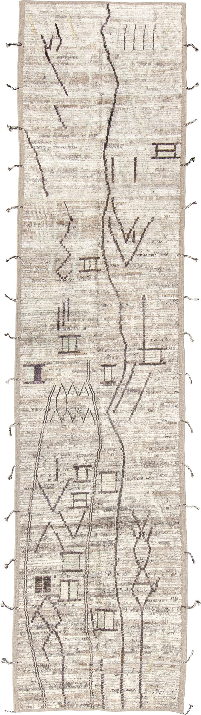 3' x 13' one-of-a-kind handmade vintage Tulu runner rug. Color palette: ivory, taupe, charcoal, beige, stone, gray, black