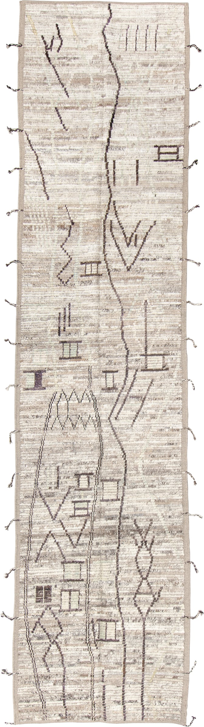 3' x 13' one-of-a-kind handmade vintage Tulu runner rug. Color palette: ivory, taupe, charcoal, beige, stone, gray, black