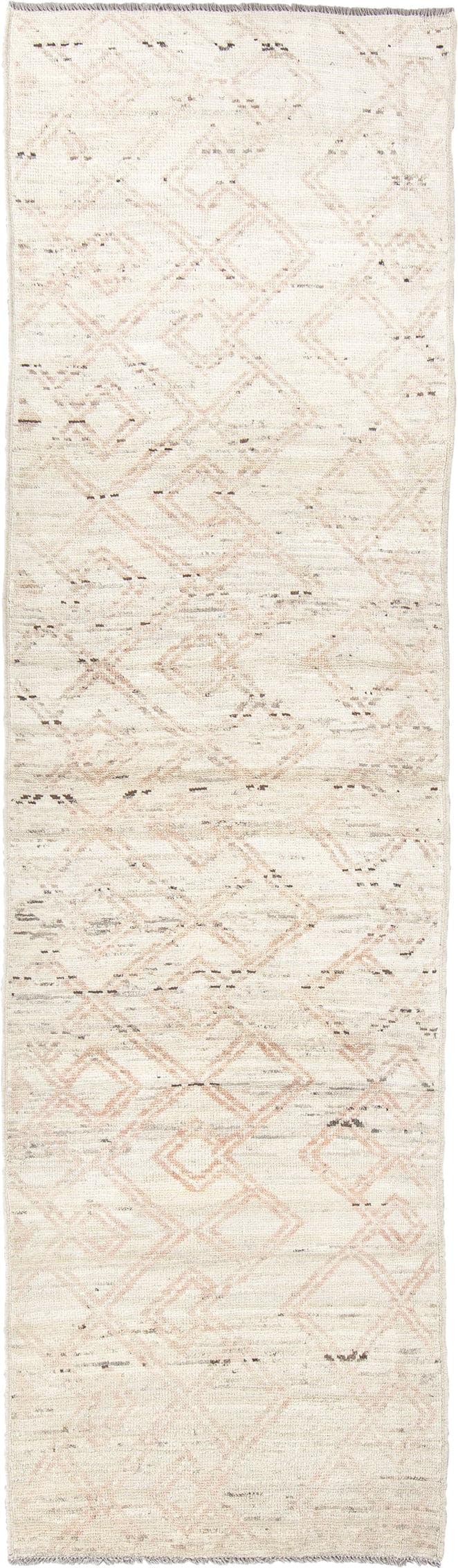 2' x 10' one-of-a-kind handmade vintage Tulu runner rug. Color palette: ivory, cream, blush, taupe, charcoal, pink, beige