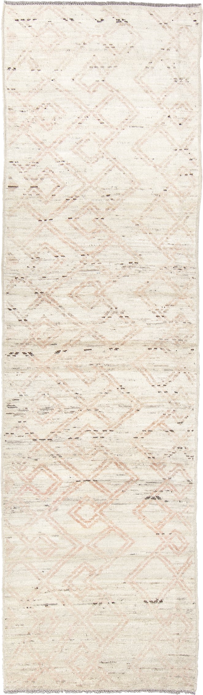 2' x 10' one-of-a-kind handmade vintage Tulu runner rug. Color palette: ivory, cream, blush, taupe, charcoal, pink, beige